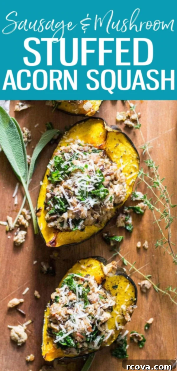 Savory Stuffed Acorn Squash with Sausage and Mushrooms 10 This Sausage & Mushroom Stuffed Acorn Squash is going to become your new favourite Thanksgiving main - the perfect comfort food! #acornsquash #lowcarb