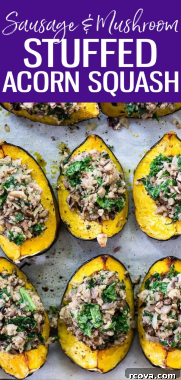 Savory Stuffed Acorn Squash with Sausage and Mushrooms 11 This Sausage & Mushroom Stuffed Acorn Squash is going to become your new favourite Thanksgiving main - the perfect comfort food! #acornsquash #lowcarb