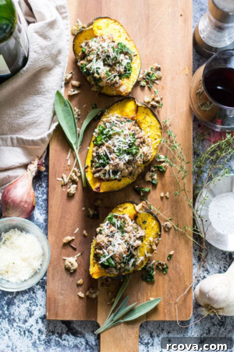 Savory Stuffed Acorn Squash with Sausage and Mushrooms 5 Close-up of the perfectly cooked Sausage & Mushroom Stuffed Acorn Squash