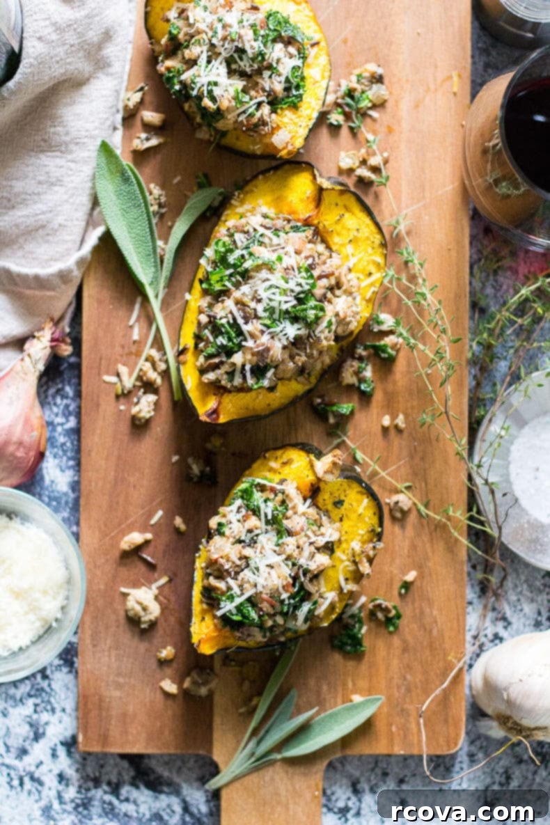 Savory Stuffed Acorn Squash with Sausage and Mushrooms 6 Table setting with Sausage & Mushroom Stuffed Acorn Squash as the centerpiece