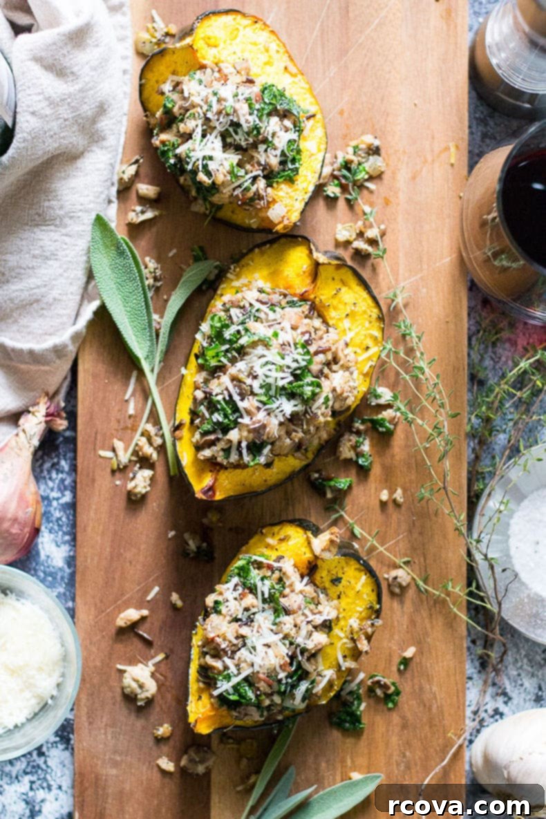 Savory Stuffed Acorn Squash with Sausage and Mushrooms 8 Side view of a serving of Sausage & Mushroom Stuffed Acorn Squash