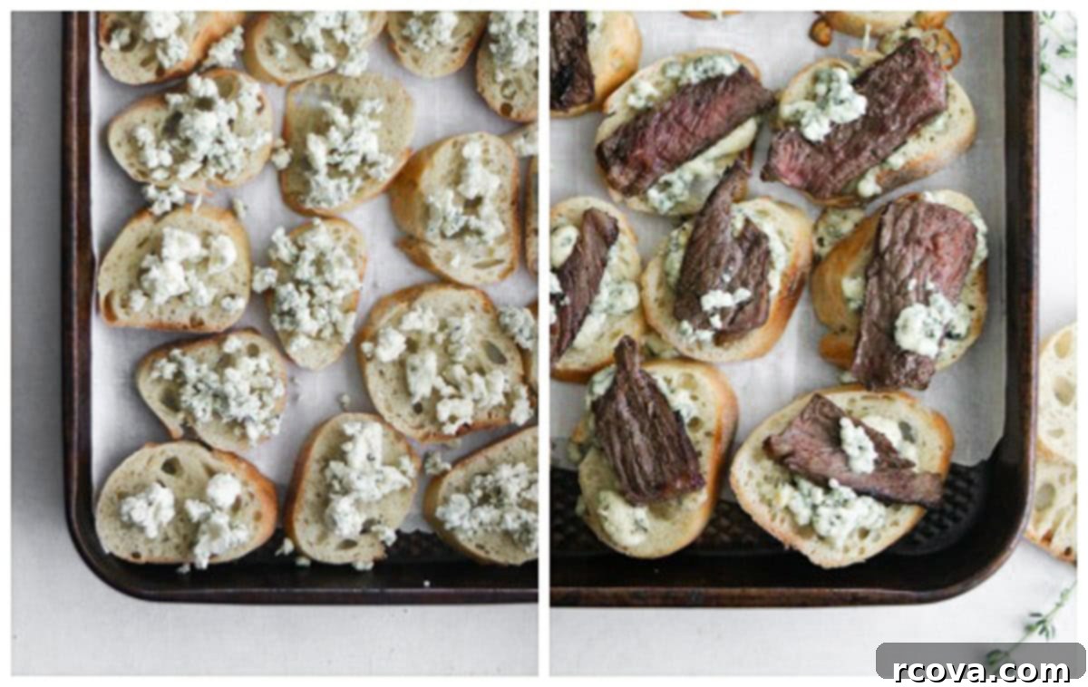 Steak and Blue Cheese Crostini The Ultimate Party Bite 5 Finished Blue Cheese Steak Crostini on a wooden board