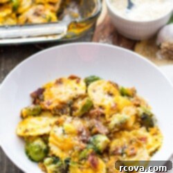 Butternut Squash Ravioli Casserole 9 Butternut Squash Ravioli Bake, golden brown and bubbly from the oven.