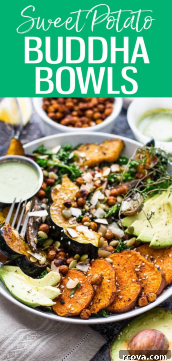 Golden Root & Leaf Buddha Bowl 11 This Sweet Potato, Squash and Kale Buddha Bowl is a delicious way to enjoy roasted fall root vegetables - just add some tahini dressing! #sweetpotato #buddhabowls