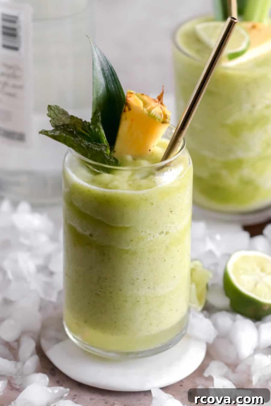 Savor the Season: 30 Summer Recipes 6 A refreshing Pineapple-Celery Frozen Mojito, garnished with pineapple, mint, and a celery stalk.