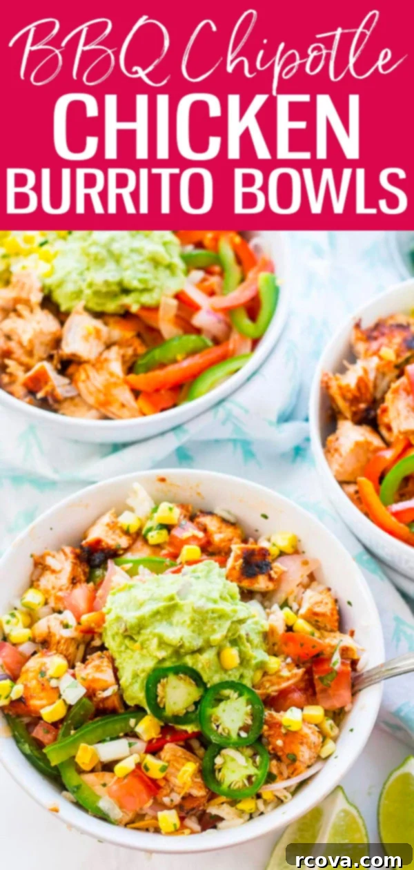 Chipotle Chicken Bowl Extravaganza 12 These Chipotle Chicken Burrito Bowls are filled with corn salsa, pico de gallo, marinated chicken and sautéed veggies – extra guac included! #bbqchicken #burritobowls