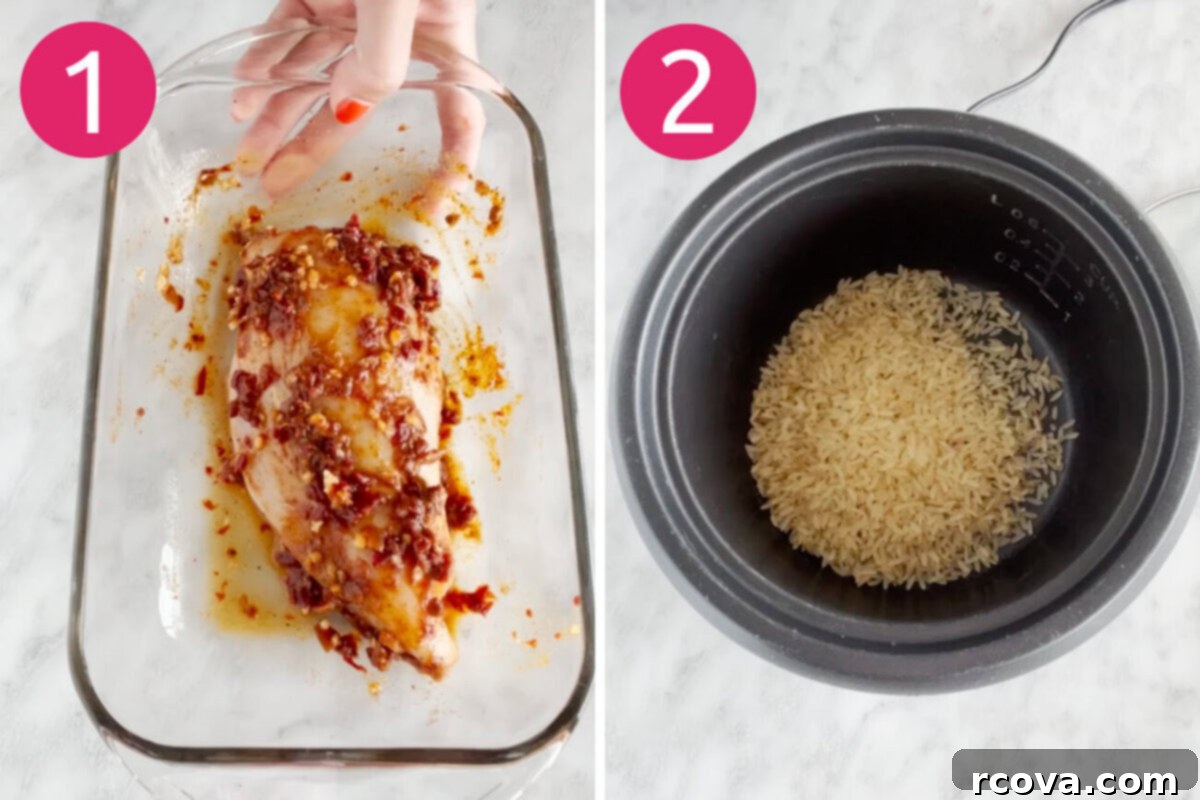 Chipotle Chicken Bowl Extravaganza 5 Two images side by side: one showing raw chicken marinating with spices, the other showing cooked chicken and prepared rice in separate containers.