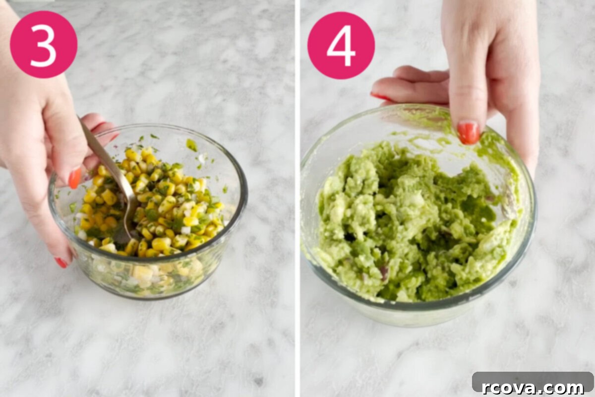 Chipotle Chicken Bowl Extravaganza 6 Two images side by side: one showing freshly made corn salsa and pico de gallo ingredients mixed, the other showing mashed avocado for guacamole.