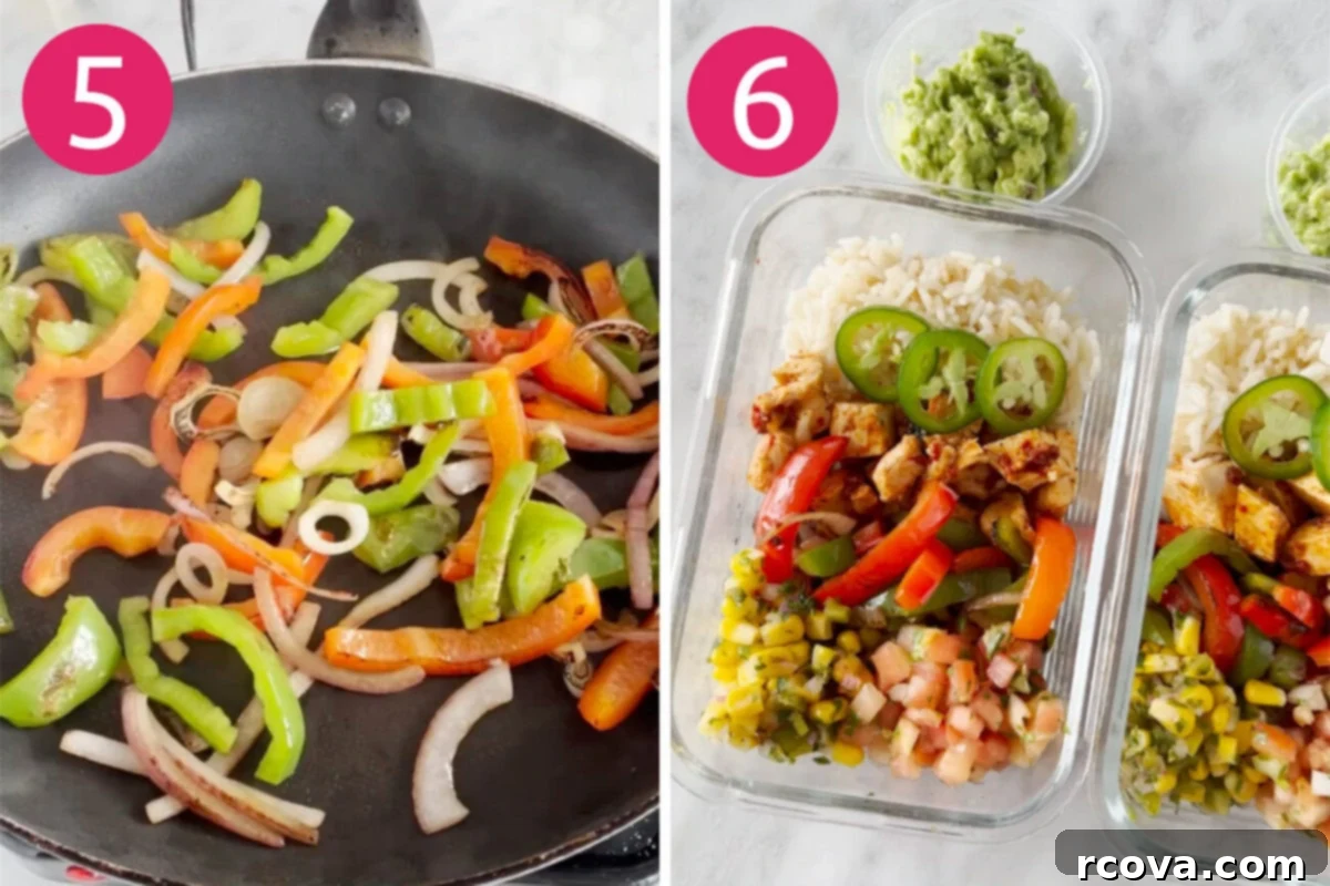Chipotle Chicken Bowl Extravaganza 7 Two images side by side: one showing bell peppers and red onion stir-frying in a pan, the other showing a fully assembled Chipotle Chicken Burrito Bowl with all toppings.
