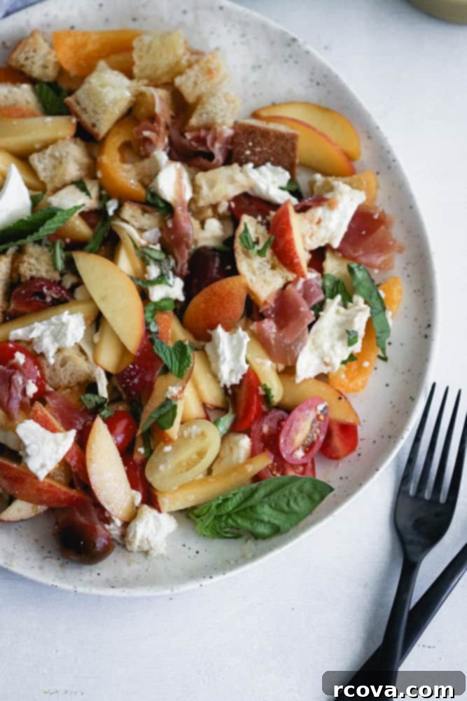 Juicy Peach and Crispy Prosciutto Panzanella 4 peach panzanella salad