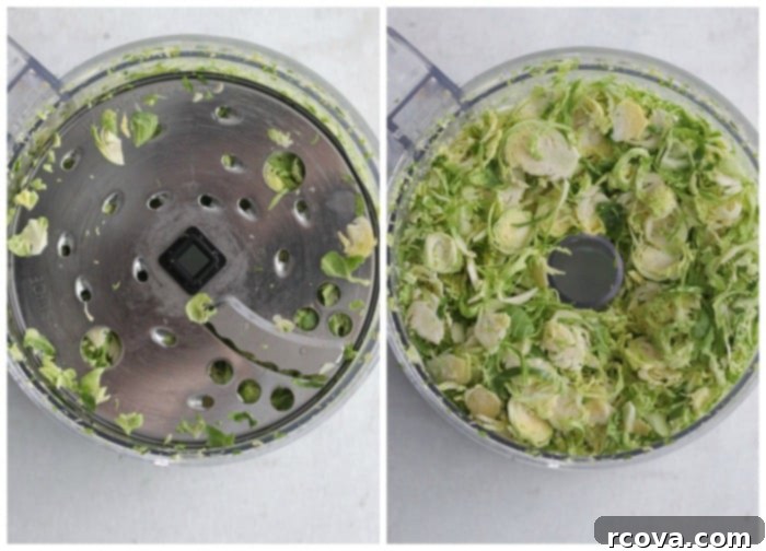 Deliciously Simple Shaved Brussels Sprout Caesar 3 Food processor shredding Brussels sprouts for Caesar salad