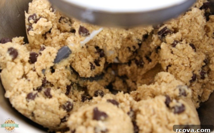 Chewy Chocolate Oatmeal Delights 4 Mixing oats and chocolate chips into the cookie dough for Chocolate Chip Oatmeal Cookies.