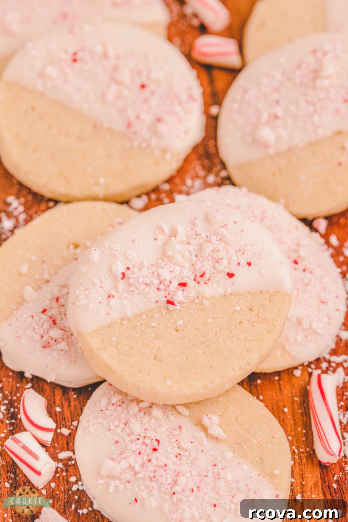 Buttery Peppermint Shortbread Delights 5 Close-up of white chocolate peppermint shortbread cookies, showcasing the festive candy cane topping.