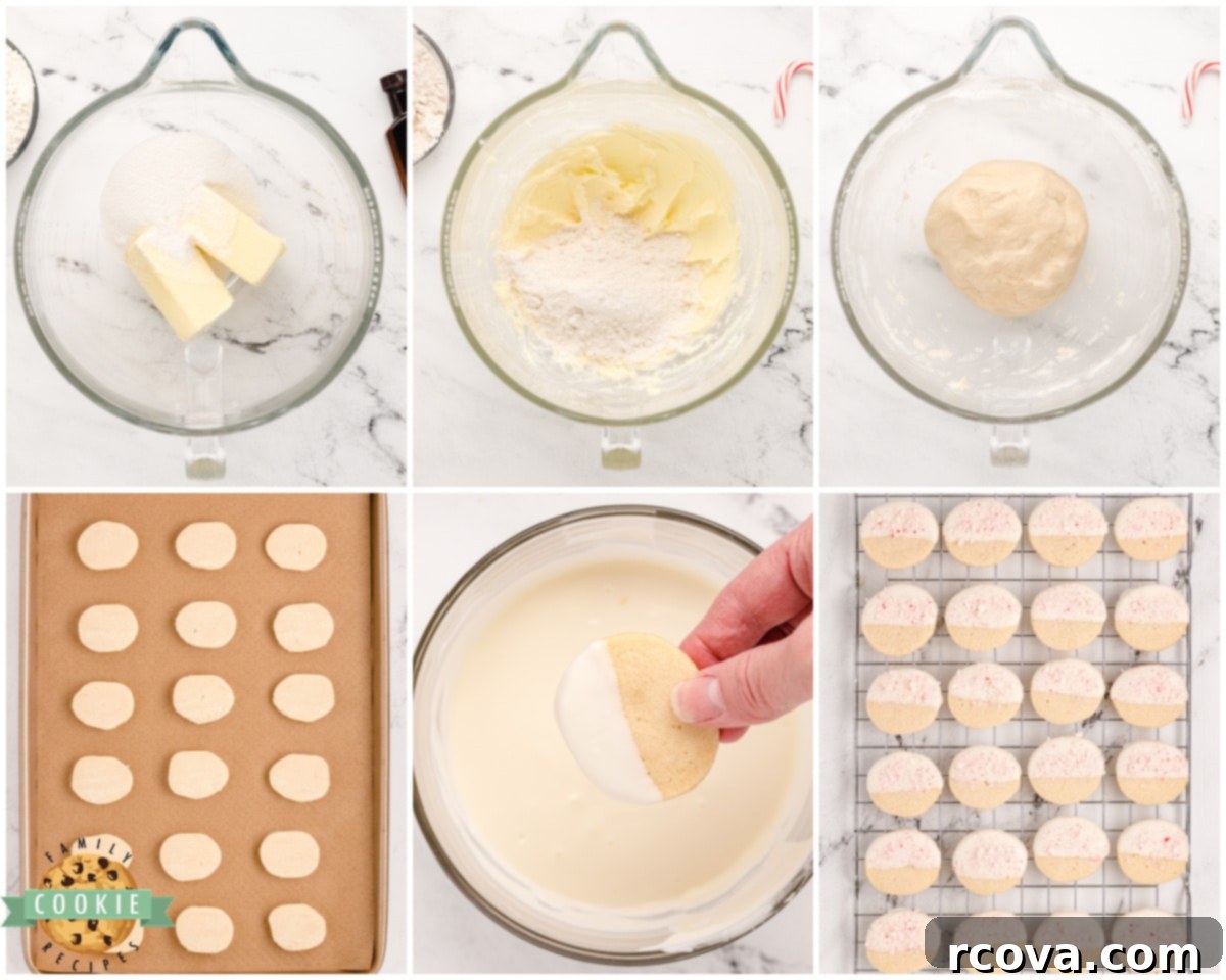 Buttery Peppermint Shortbread Delights 6 Visual guide showing how to make peppermint shortbread cookies, from dough to decorated treats.