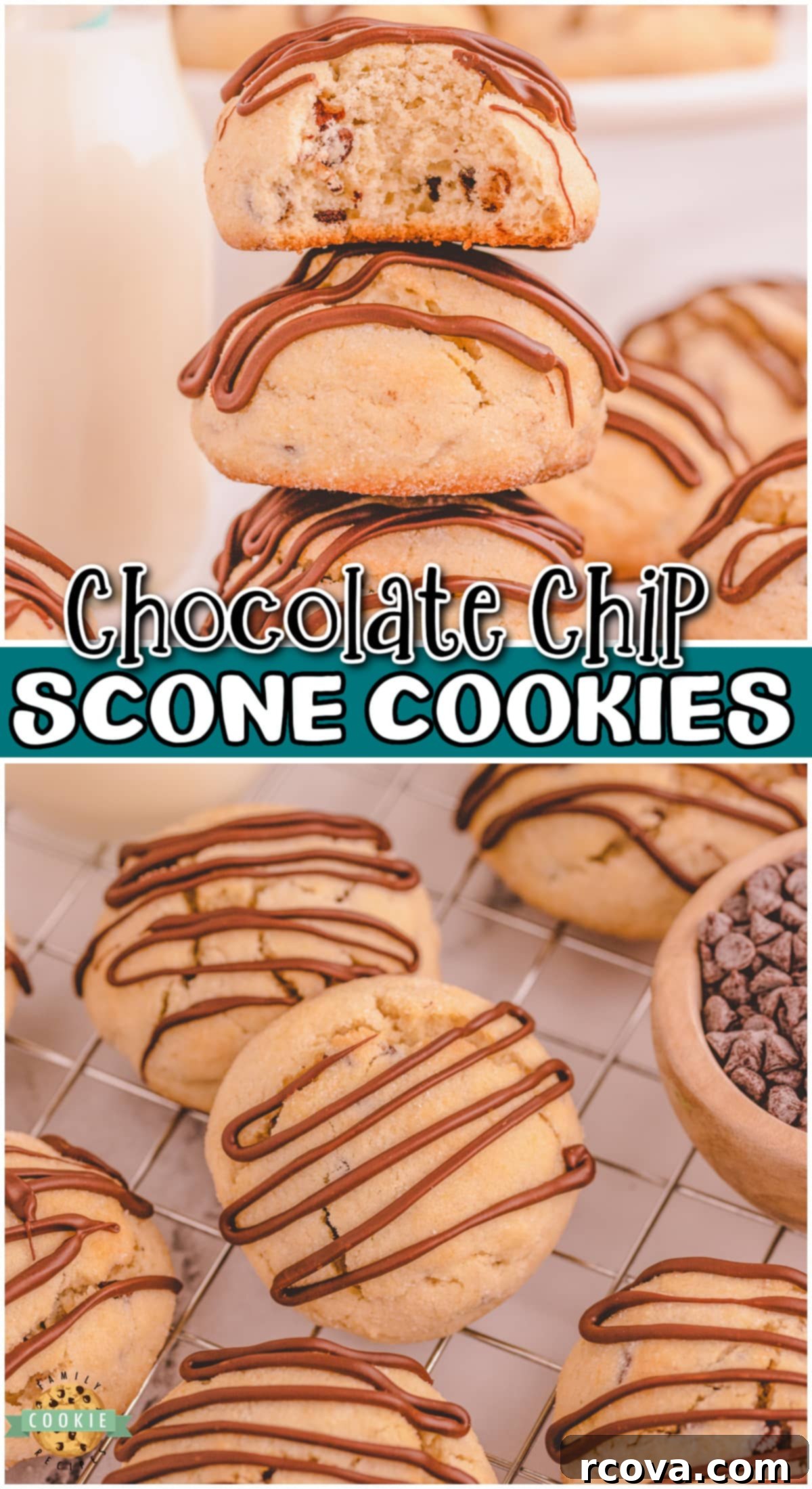 Melty Choc-Chip Perfection 13 Delicious Chocolate Chip Scookies featuring a blend of scone and cookie textures, topped with chocolate drizzle and loaded with chips. Perfect for any time of day!