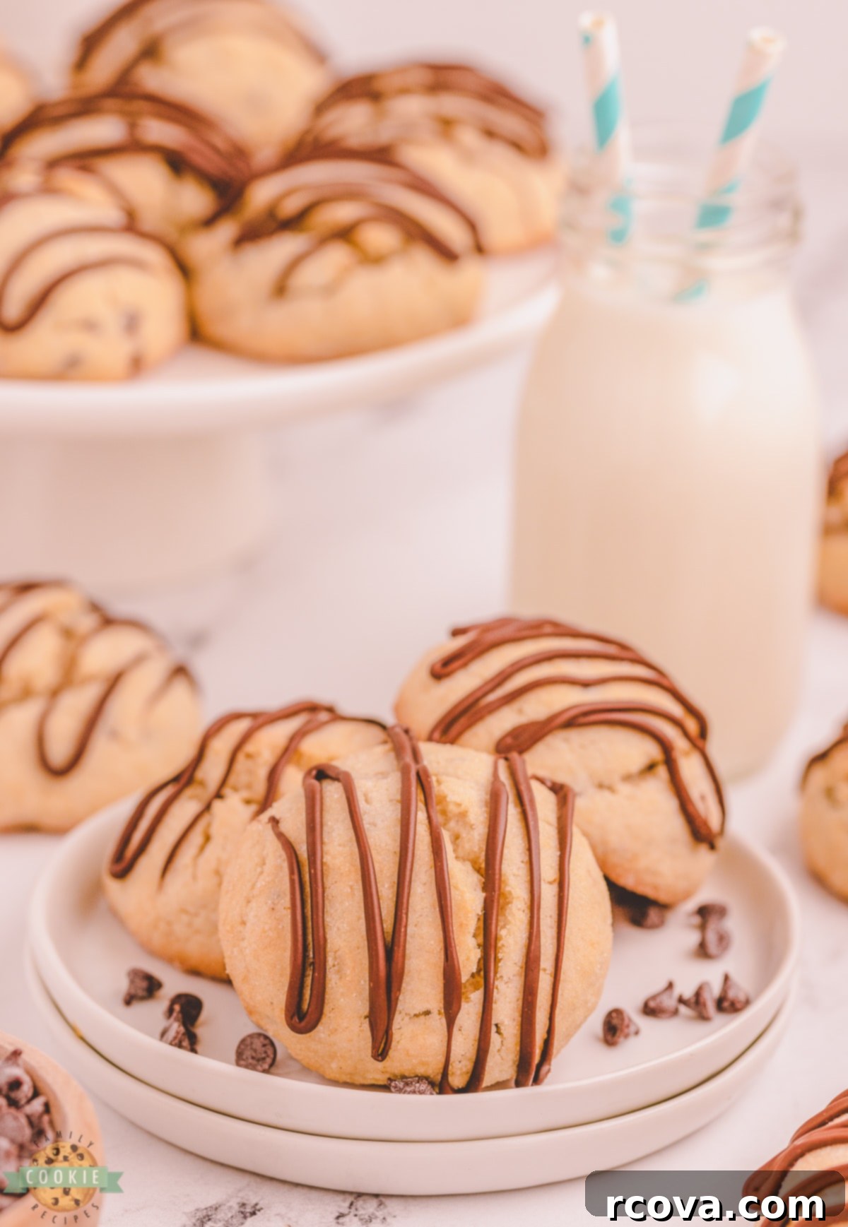 Melty Choc-Chip Perfection 5 Serving freshly baked chocolate chip scookies with a glass of milk