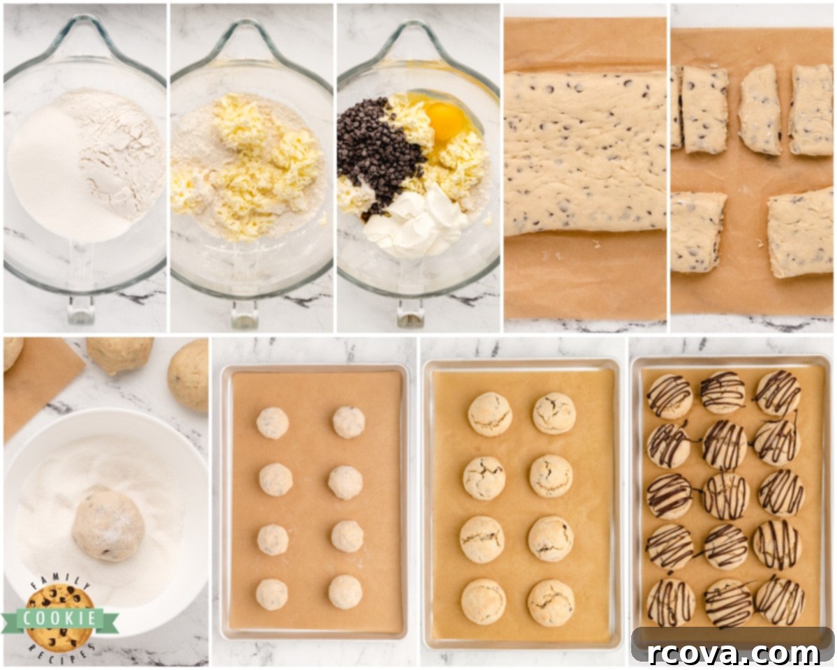 Melty Choc-Chip Perfection 6 Collage showing steps on how to make chocolate chip scookies from mixing to baking
