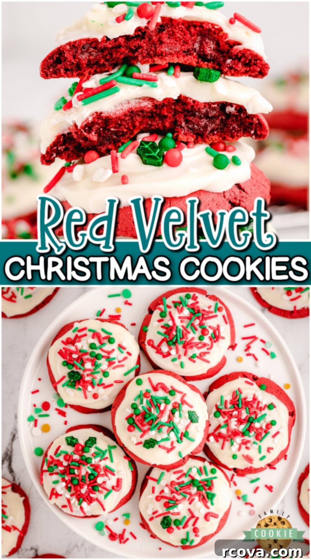 Crimson Velvet Holiday Treats 12 Large collage image featuring multiple red velvet Christmas cookies with cream cheese frosting and festive sprinkles, highlighting their holiday appeal