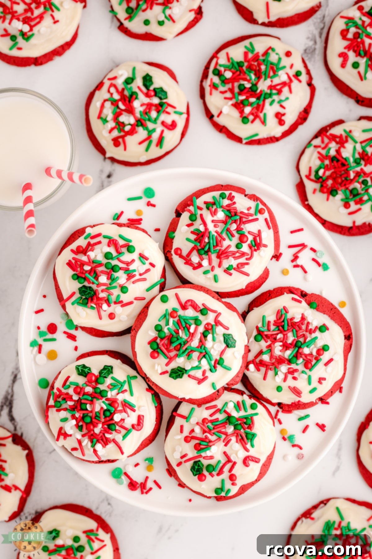 Crimson Velvet Holiday Treats 7 A freshly baked red velvet cookie, still warm, resting next to a glass of milk, embodying a cozy holiday treat scene