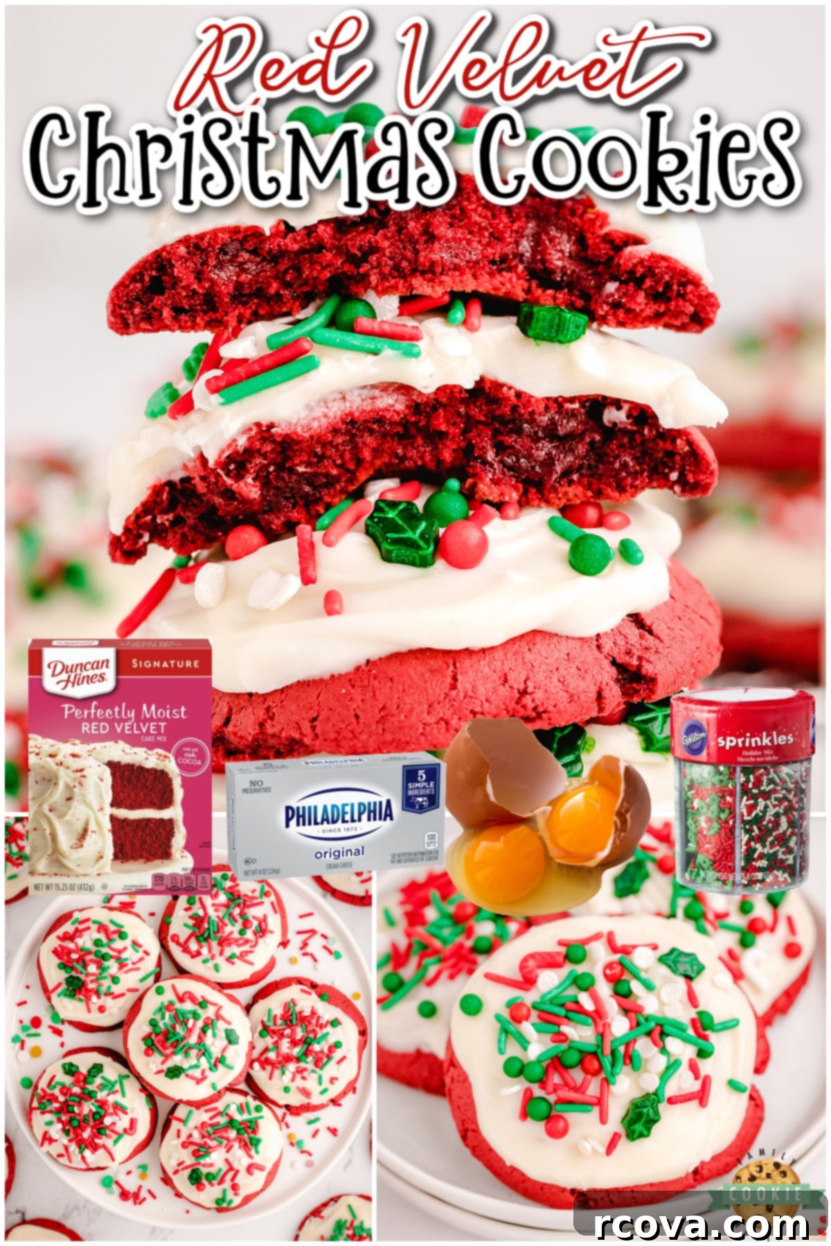 Crimson Velvet Holiday Treats 9 A beautifully arranged plate of Red Velvet Christmas cookies, some frosted with white cream cheese icing and festive sprinkles, ready to be served