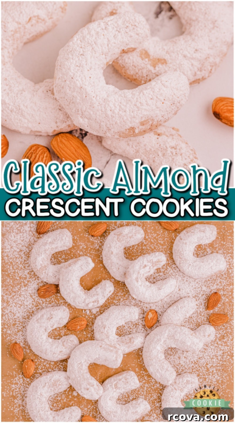 Golden Cinnamon Almond Moons 13 Almond cinnamon crescent cookies are classic buttery shortbread cookies shaped into crescents & rolled in powdered sugar. Perfect cookies beside a cup of tea in cold winter weather!