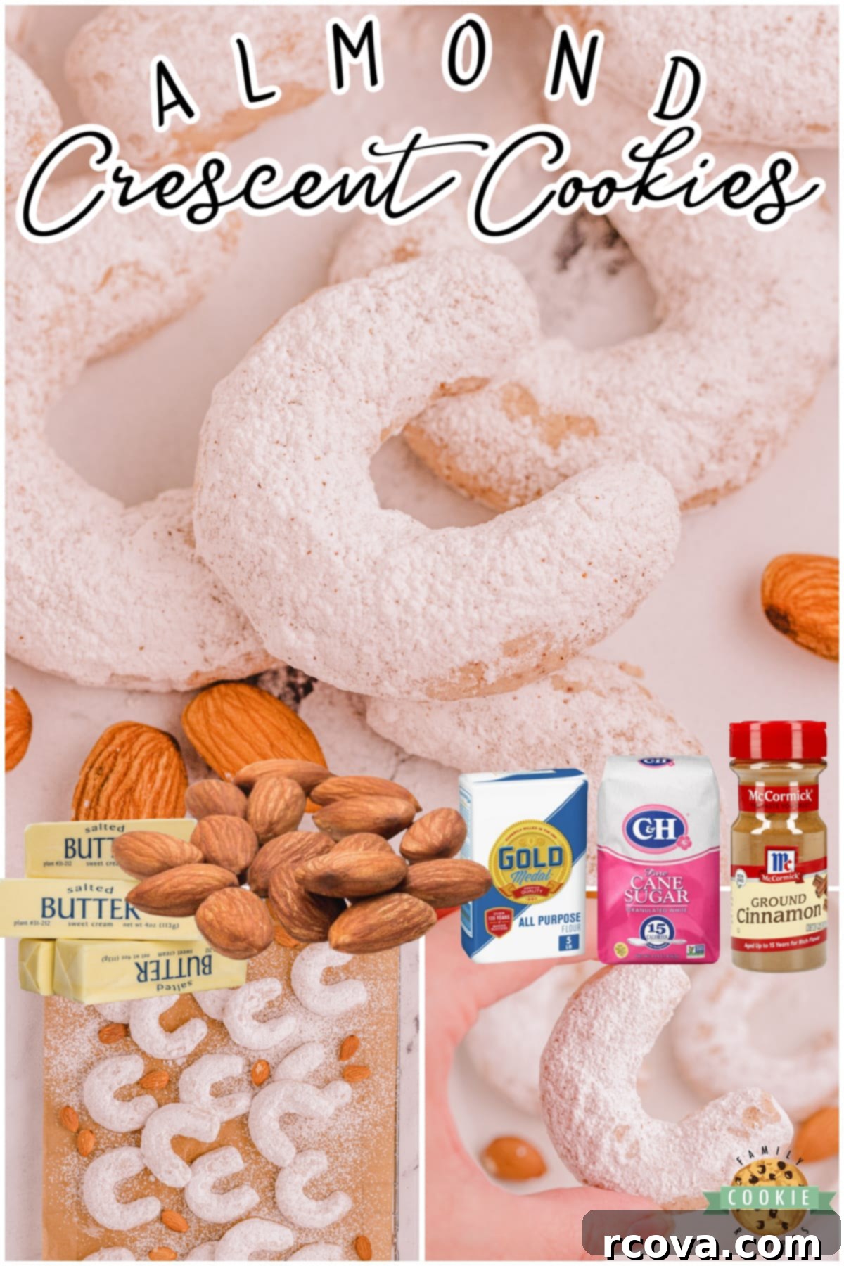 Golden Cinnamon Almond Moons 9 Almond cinnamon crescent cookies are classic buttery shortbread cookies shaped into crescents & rolled in powdered sugar. Perfect cookies beside a cup of tea in cold winter weather!