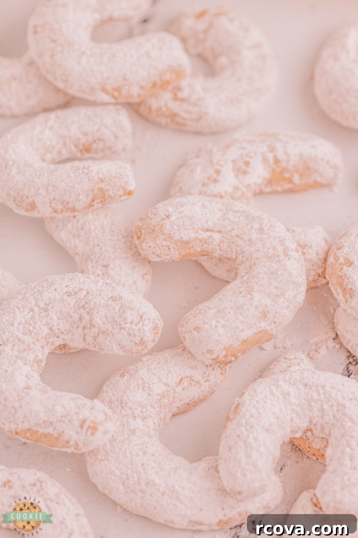 Golden Cinnamon Almond Moons 10 crescent cookies covered in powdered sugar
