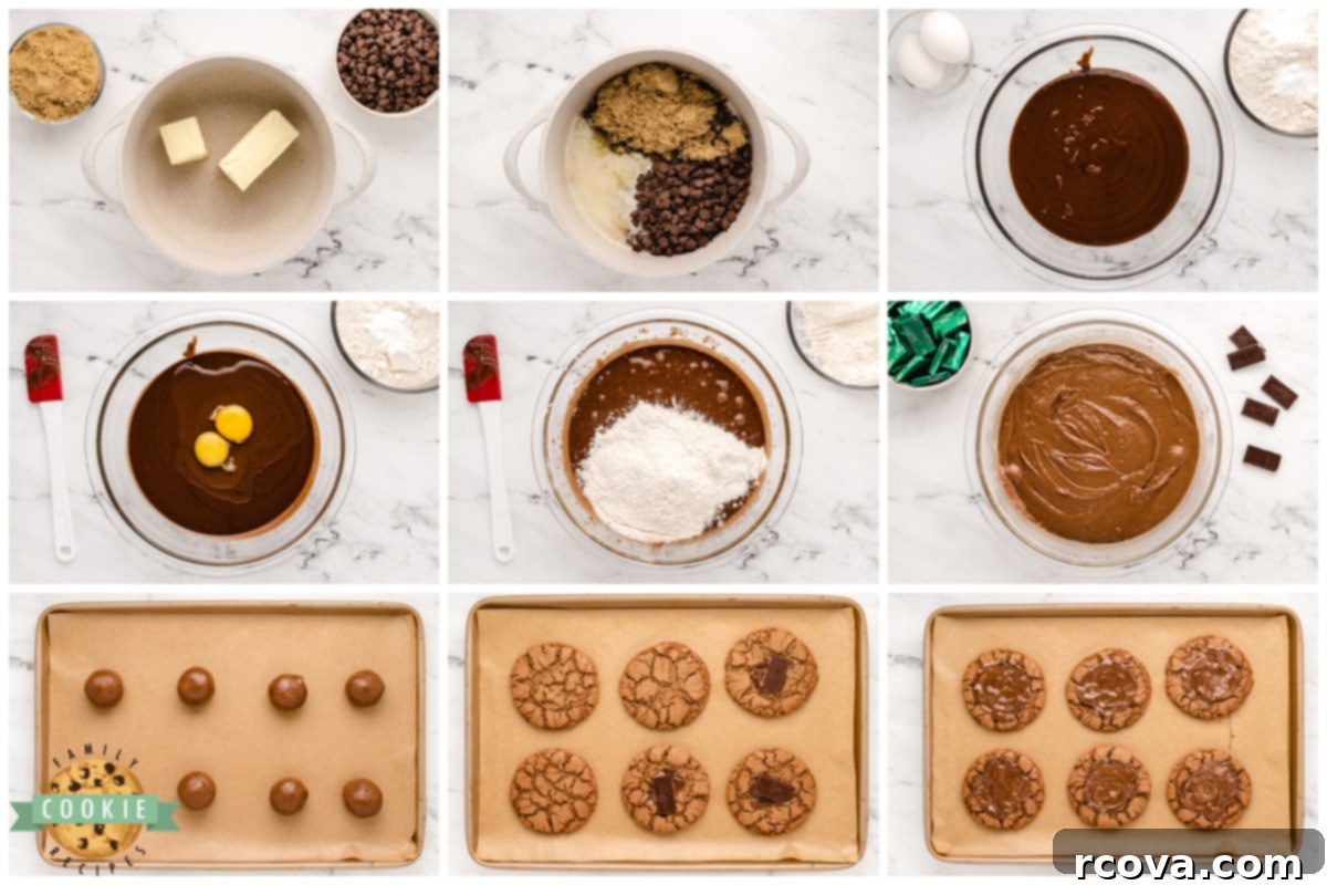 Decadent Andes Mint Chocolate Cookies 4 Step by step instructions on how to make Andes Mint Chocolate Cookies showing dough balls on a baking sheet.
