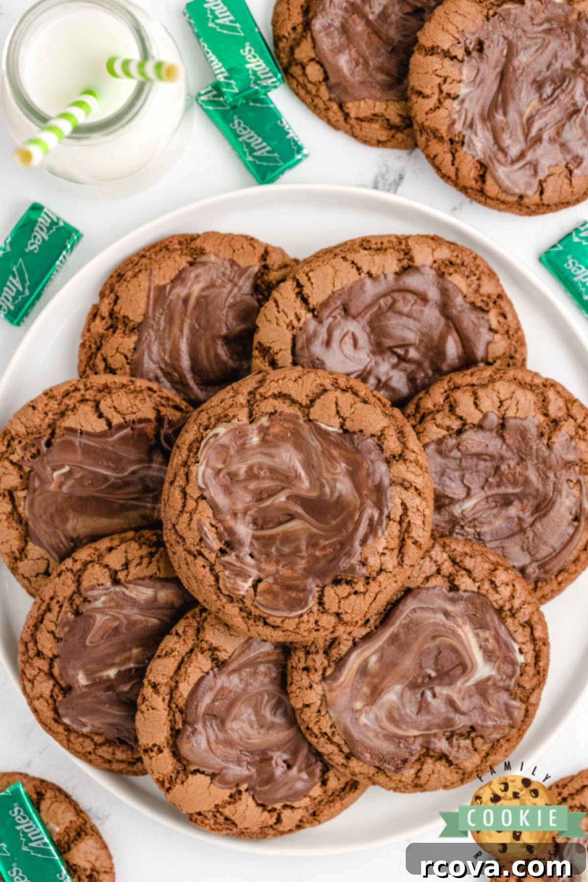 Decadent Andes Mint Chocolate Cookies 5 Close-up of an Andes Mint Chocolate Cookie with melted mint frosting.