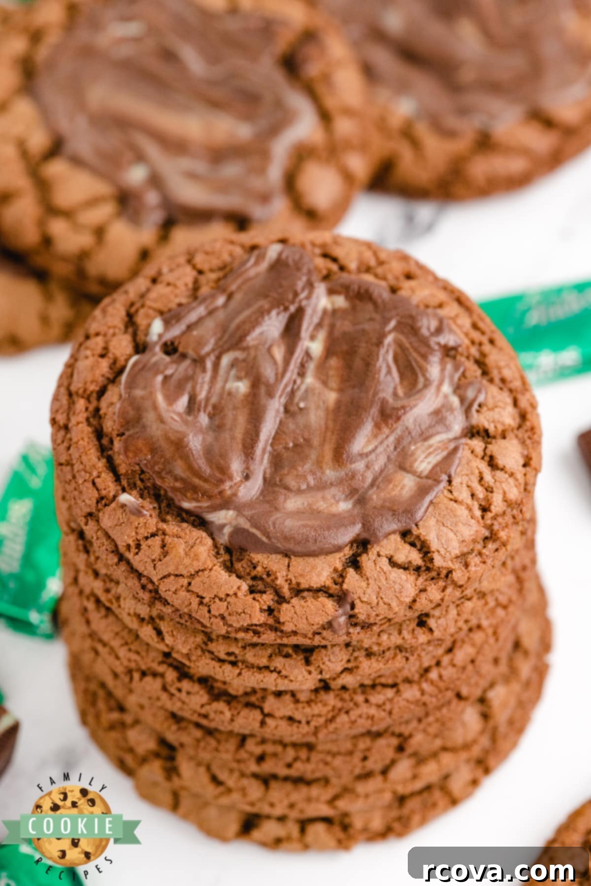 Decadent Andes Mint Chocolate Cookies 8 Stack of mint chocolate cookies, showcasing the melted Andes mint topping and rich chocolate base.
