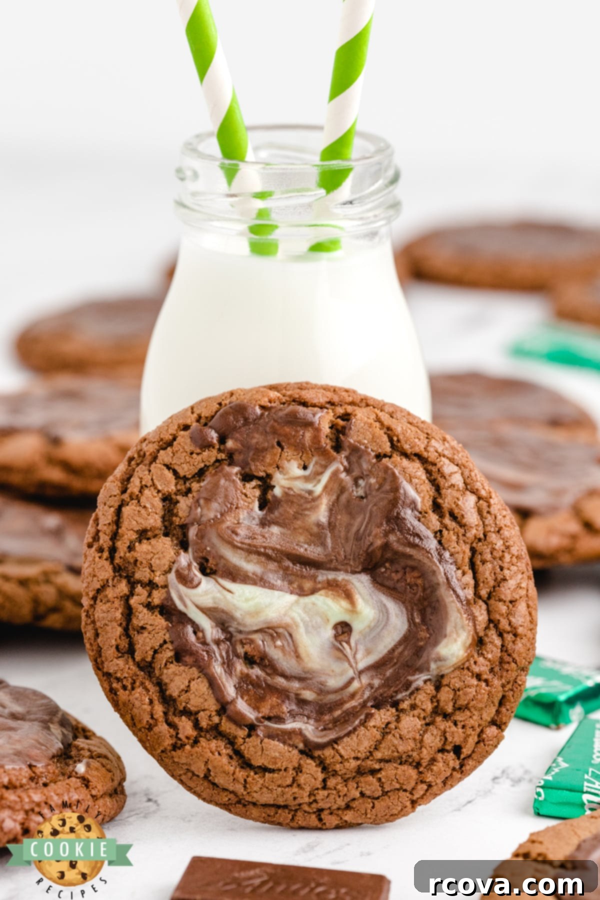 Decadent Andes Mint Chocolate Cookies 9 Mint chocolate cookie with a glass of milk, ready to be enjoyed.