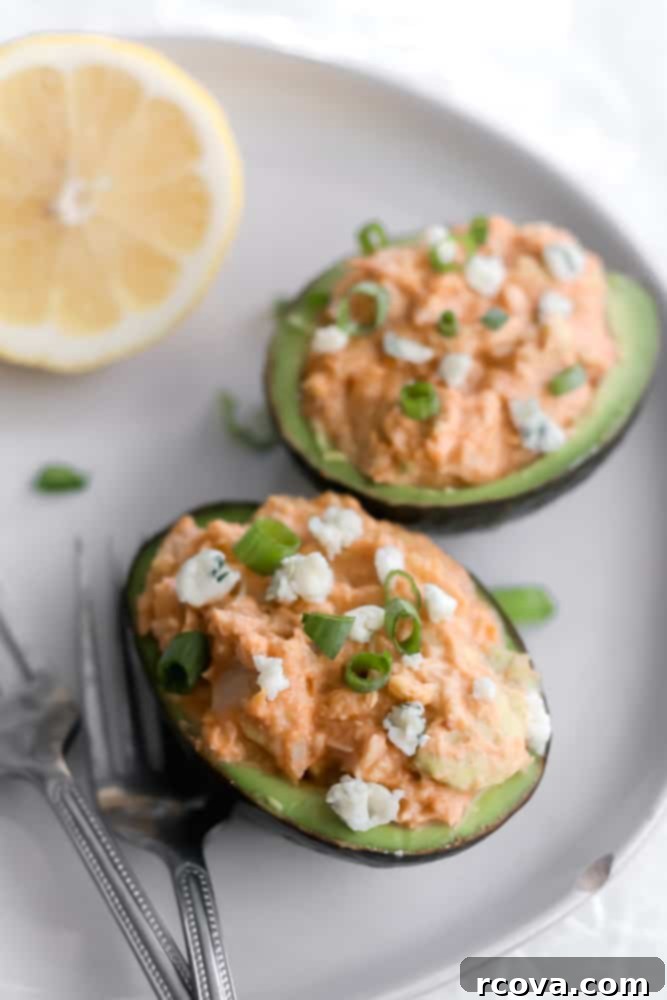Buffalo Tuna Avocado Bliss: Low Carb, Paleo, Whole30 Approved 6 Buffalo Tuna-Stuffed Avocado