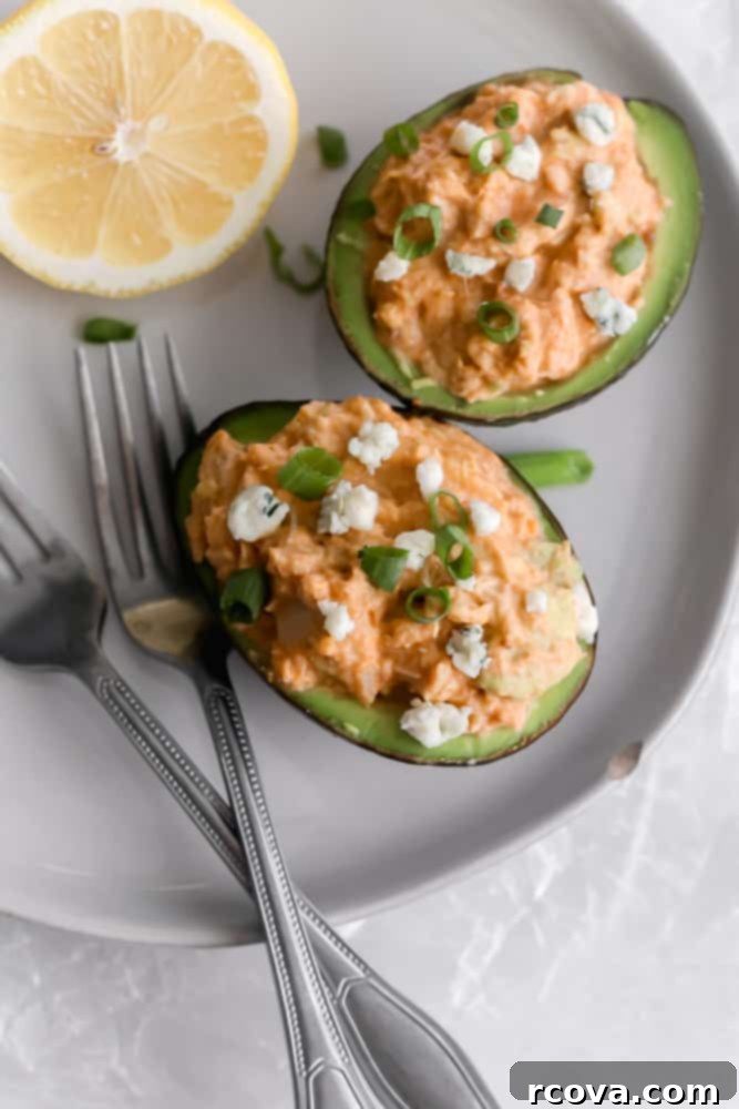 Buffalo Tuna Avocado Bliss: Low Carb, Paleo, Whole30 Approved 7 Buffalo Tuna-Stuffed Avocado