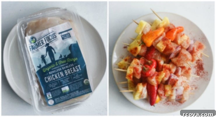 Easy BBQ Chicken Skewers 5 Grilled BBQ Chicken Kebabs cooking on a charcoal grill, with visible flames and smoke