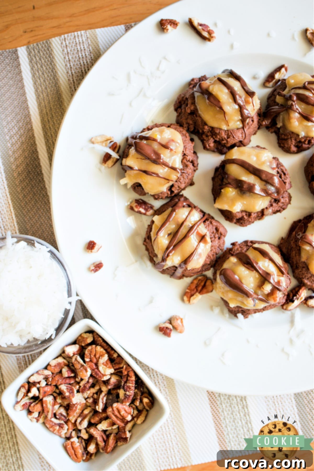 Decadent German Chocolate Cookies 2 Homemade German Chocolate Cookies with a creamy coconut pecan topping and chocolate drizzle