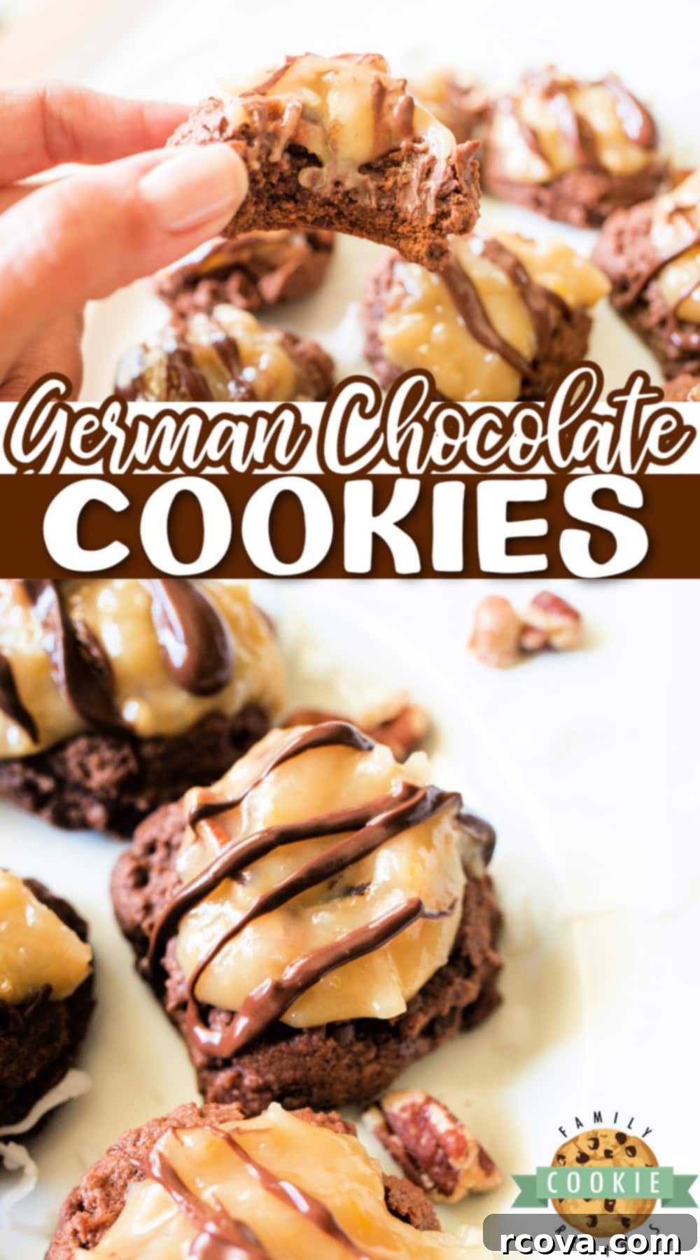 Decadent German Chocolate Cookies 11 Close-up collage of several German Chocolate Cookies showcasing the rich chocolate and topping