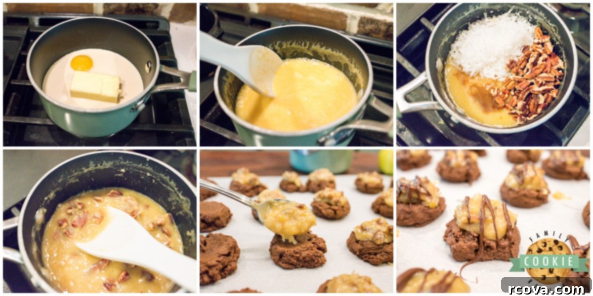 Decadent German Chocolate Cookies 6 Step-by-step process of making the custard topping for German Chocolate cookies