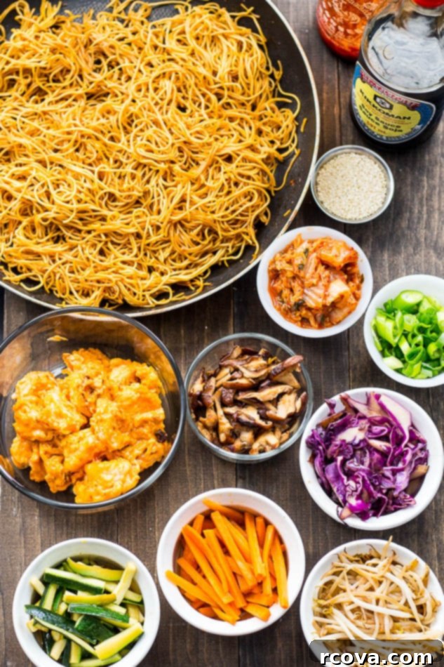 Dynamite Shrimp Noodle Bowls 5 Overhead shot of a beautifully arranged Bang Bang Shrimp Noodle Bowl with fresh ingredients