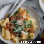 Fall-Apart Instant Pot Pulled Pork Ragu 6 Instant Pot Pulled Pork Ragu over rigatoni noodles in a white bowl