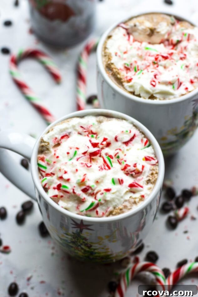 Guilt-Free Peppermint Mocha Delight 6 Homemade Peppermint Mochas - close up of the drink with toppings