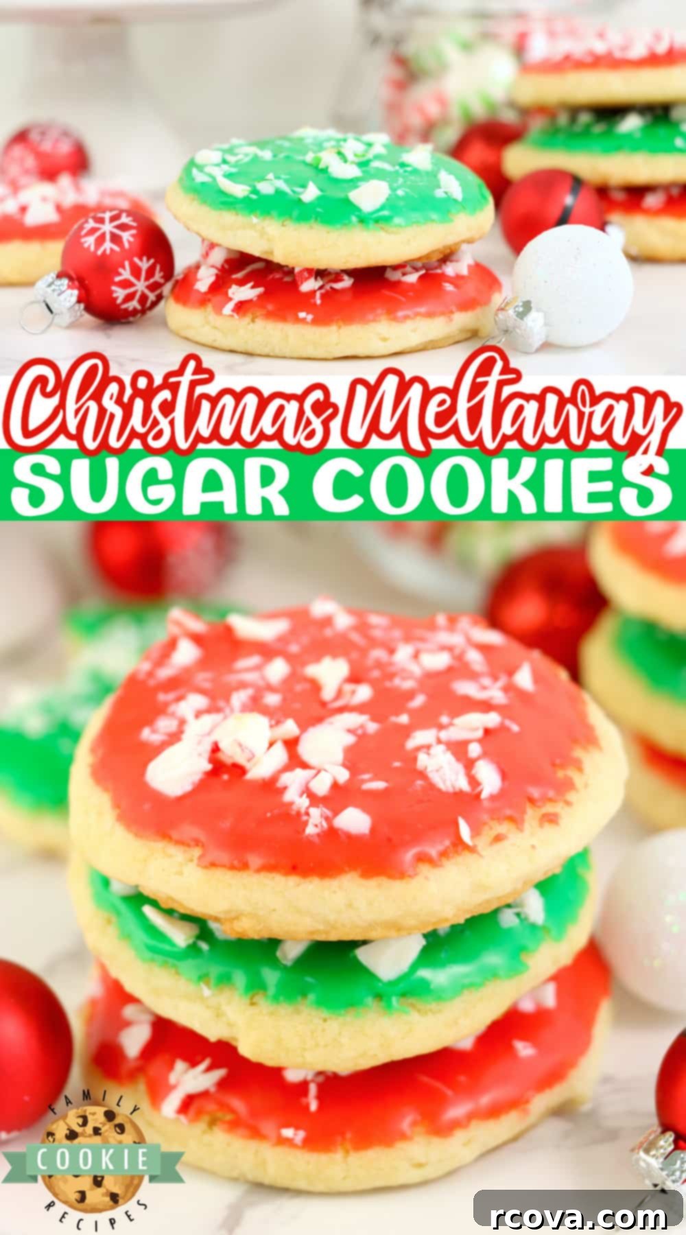 Festive Christmas Sugar Cookies 11 A festive platter of soft and light Christmas Sugar Cookies, garnished with vibrant frosting and crushed mints.