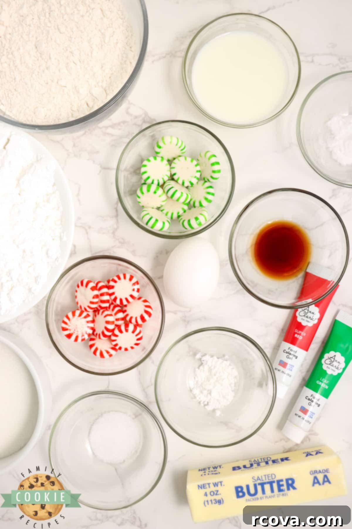 Festive Christmas Sugar Cookies 4 Key ingredients laid out for making delicious Christmas Sugar Cookies.
