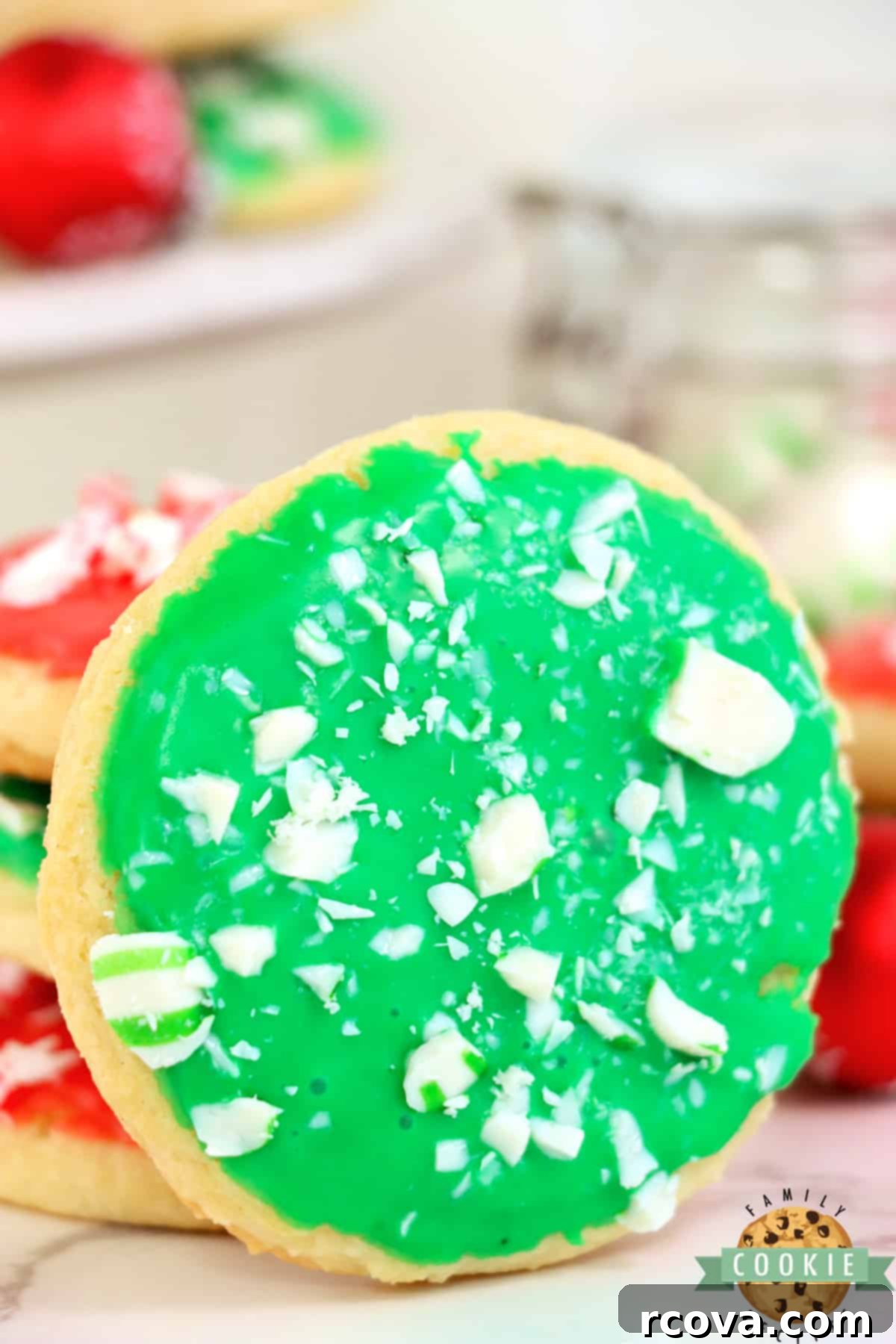 Festive Christmas Sugar Cookies 10 Close up of perfectly baked, soft sugar cookies before frosting.