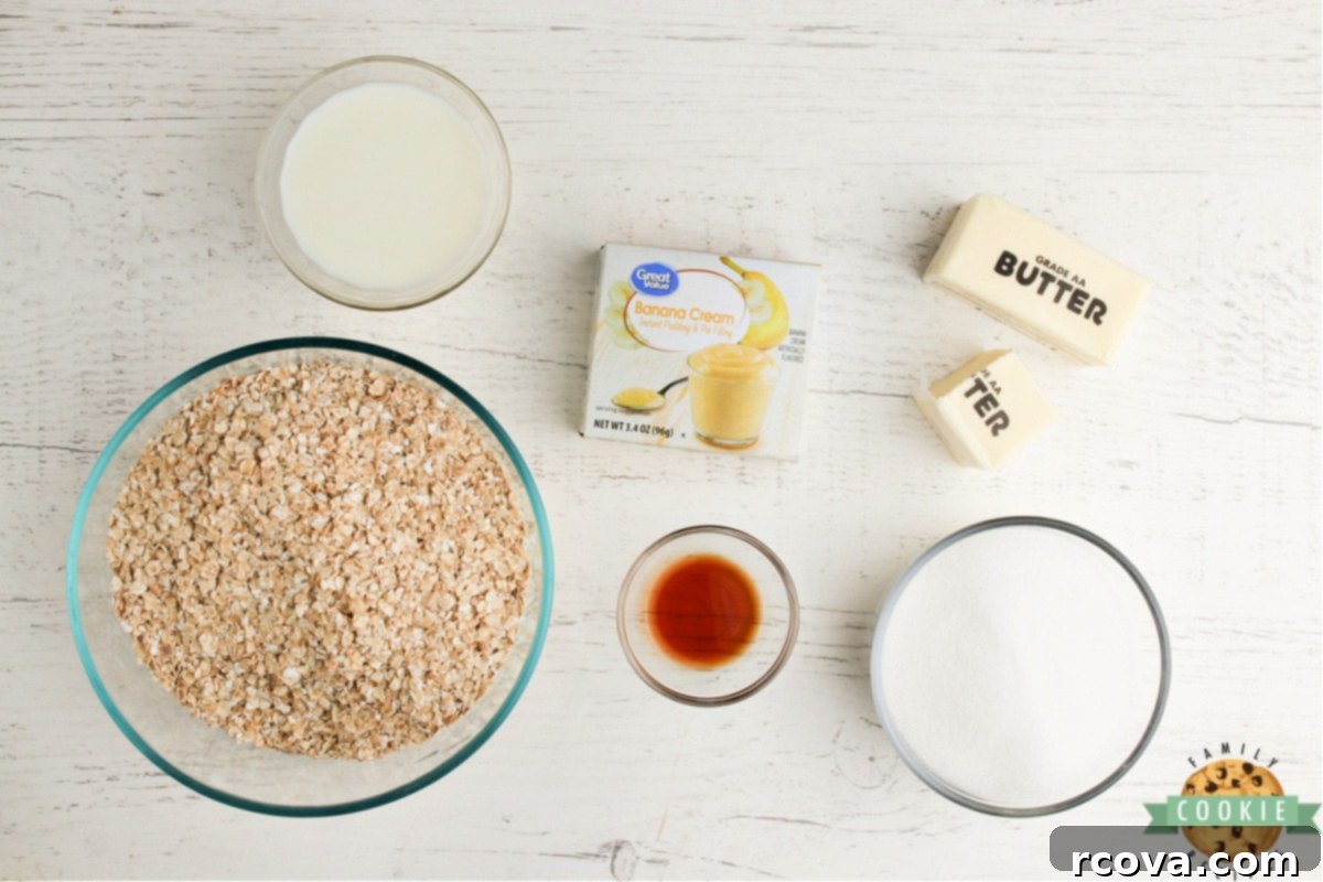 Effortless Banana Oat Treats 5 All the essential ingredients for Banana Oatmeal No-Bake Cookies laid out: sugar, butter, milk, banana pudding mix, quick oats, and vanilla extract.