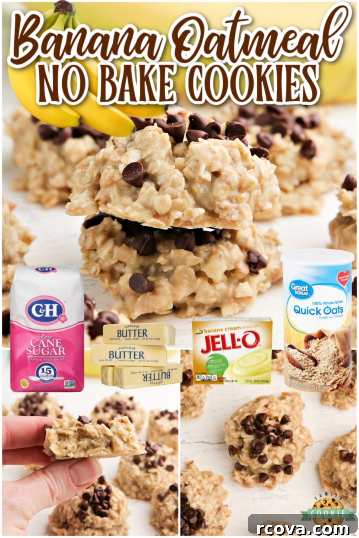 Effortless Banana Oat Treats 7 A collage of Banana Oatmeal No-Bake Cookies, showcasing their appeal and delicious banana flavor.
