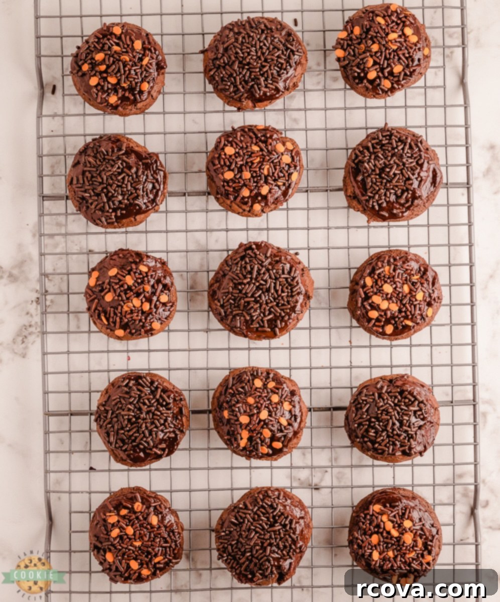 Bewitching Brownie Cookies 5 Halloween brownie cookies on a cooling rack