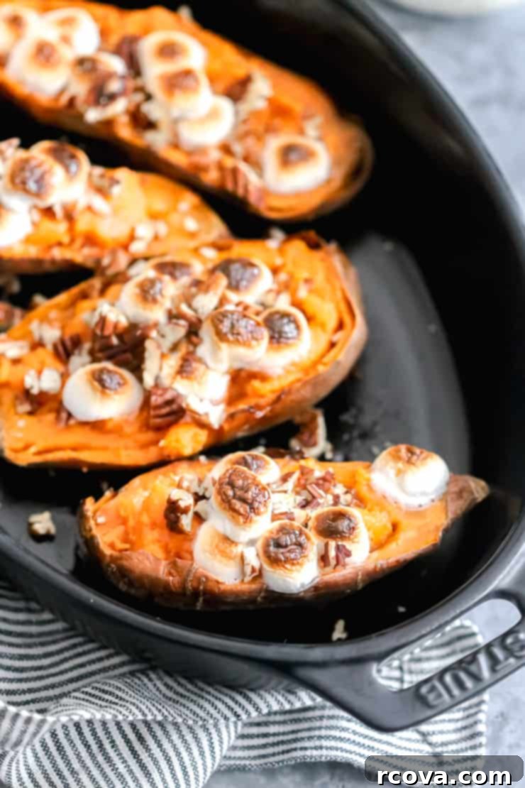 Sweet Potato Marshmallow Skins 5 Sweet potato halves filled with creamy potato mixture, ready for toppings