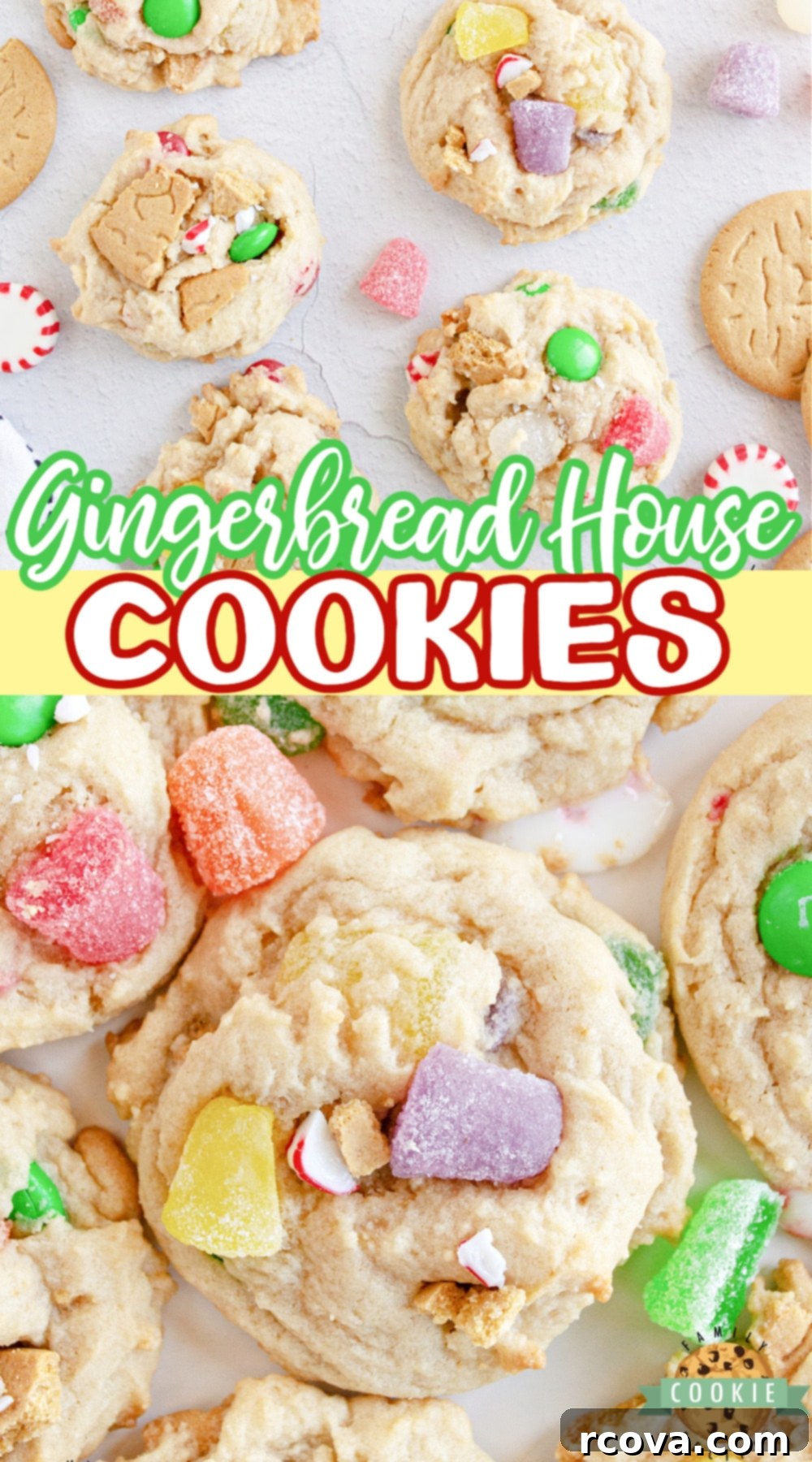 Whimsical Gingerbread Cottages 12 Gingerbread House Cookies made with gingerbread cookies, gum drops, and peppermint candies. If you can use it to decorate a gingerbread house with, you can put it in these cookies!