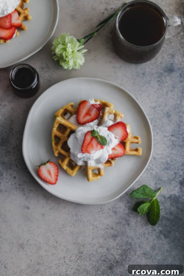Grain-Free Strawberry Shortcake Waffles 3 Stack of grain-free strawberry shortcake waffles with fresh berries