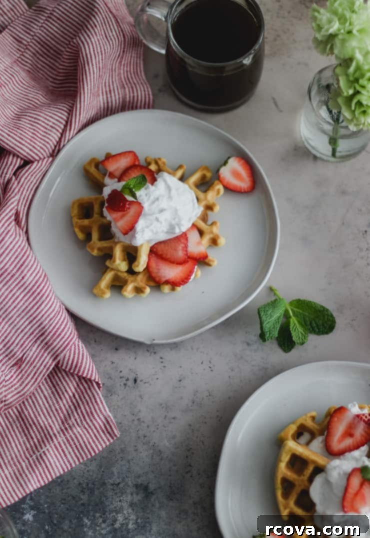 Grain-Free Strawberry Shortcake Waffles 6 Close-up of grain-free strawberry shortcake waffles with a dollop of whipped cream